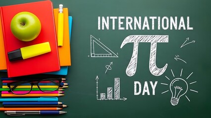 International Pi Day concept with stacks of colorful books, an apple, glasses, and math symbols drawn on a green chalkboard background.