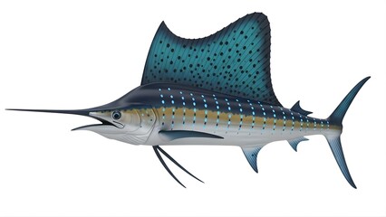 Realistic sailfish with extended dorsal fin isolated on white background