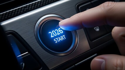 Finger pressing a glowing blue start button with the year 2026 displayed