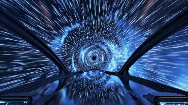 Abstract tunnel view from the front window of a futuristic spacecraft zooming rapidly past blue glowing starlight streaks above the stratosphere Abstract, warp, data