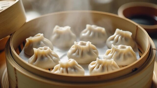 Steamed dumplings in bamboo steamer Chinese dim sum Asian cuisine.