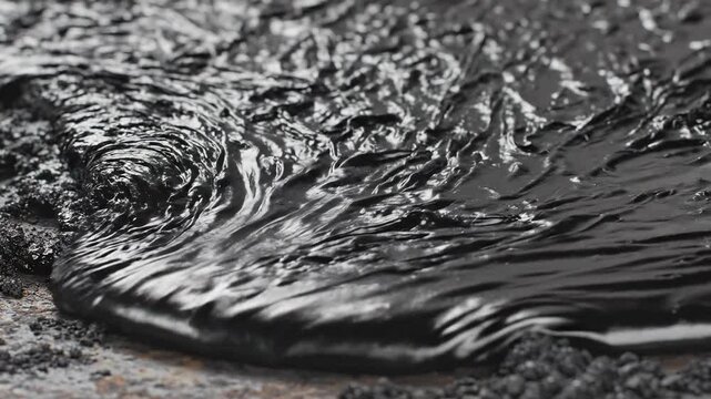 Abstract ultra close-up of viscous molten bituminous tar flowing and cooling across a rough industrial surface creating a dark reflective seamless texture engineering, Abstract ultra close-up, coating