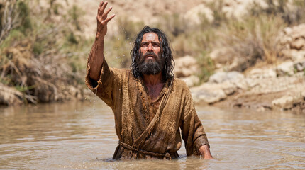 Biblical John the Baptist standing in the Jordan River with raised hand looking up to heaven. Historical concept of baptism, repentance and prophecy in the desert.