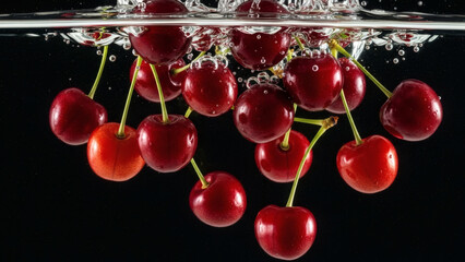 Fresh red cherries splashing into water isolated on white background