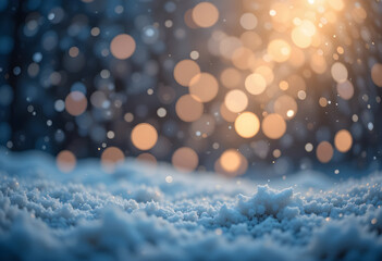 Atmospheric winter background with warm fairy-light bokeh and cool snowy foreground