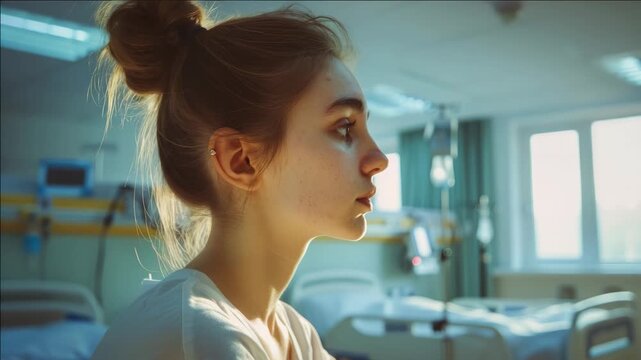 A woman lying in a hospital bed with her head propped up on pillows, looking off to the side.