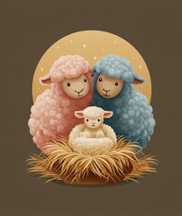 Sweet simplified vector Nativity reinterpreted with fluffy stylized sheep parents and a tiny lamb in a soft straw cradle