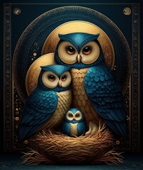 A Minimalist vector Nativity scene featuring owl parents forming a gentle arch over a small owlet in a simple straw cradle, cool blues and gold accents