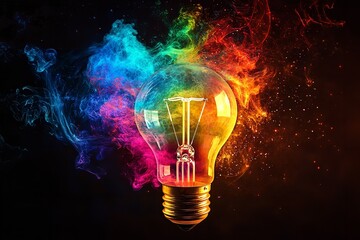Vibrant colorful smoke explodes around a glowing incandescent light bulb symbolizing creative energy and brilliant innovation ideas