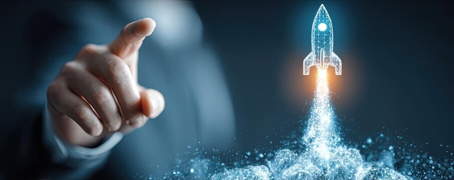 Businessman holding virtual rocket launch concept. A businessman launching a digital rocket symbolizing innovation.