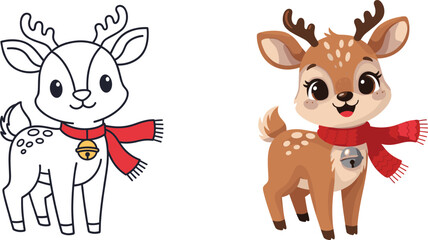 Christmas reindeer illustration, festive cartoon character graphic, holiday coloring page design, cute winter animal artwork, seasonal greeting visual