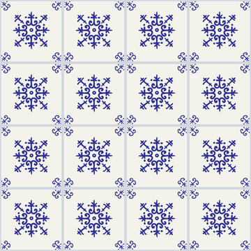 Delft tile seamless pattern, vintage style blue and white painted tiles.