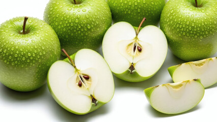 Fresh green apples and slices isolated on white background