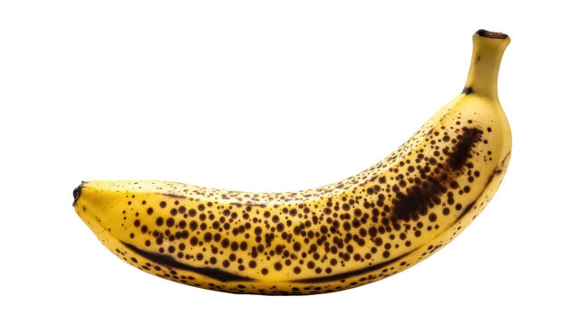 Ripe banana with brown spots isolated PNG, overripe fruit on transparent background for healthy eating and composting concepts