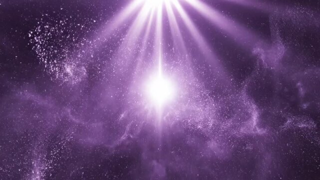 Bright light radiates in space surrounded by purple nebulae and cosmic dust