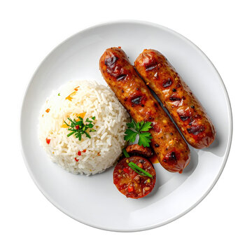 Close-up of longsilog, highlighting the glossy, caramelized longganisa sausage links and the runny yolk of the fried egg, isolated on a white background