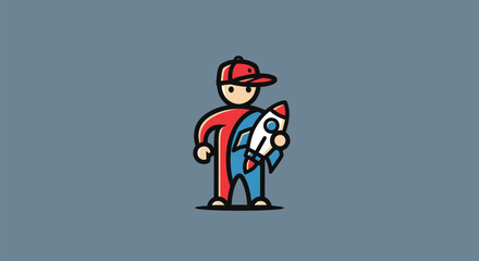 A cartoon figure in cap holding rocket, red and blue suit on grey background