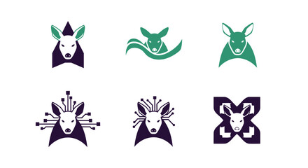 Fototapeta premium Collection of stylized deer logos in various geometric and tech-inspired forms, on white