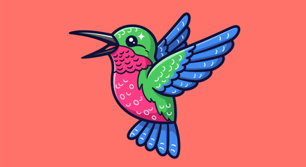Cartoon hummingbird with blue wings, green head, pink body on coral background