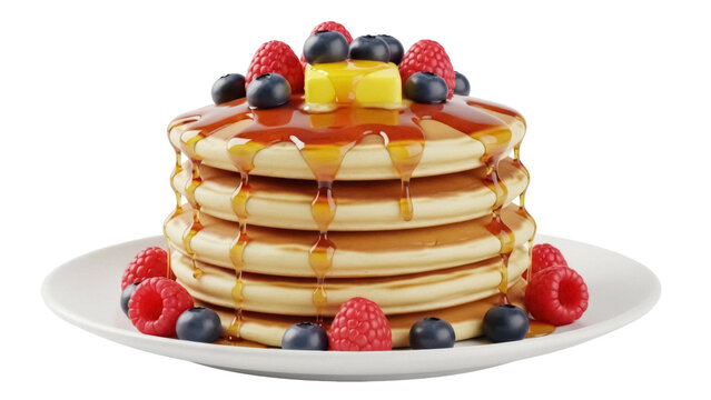 Stack of pancakes with maple syrup and berries isolated PNG, breakfast dessert for food design and culinary projects