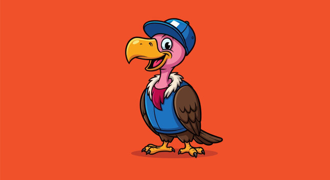 A cartoon vulture with a blue cap and vest smiles against an orange background
