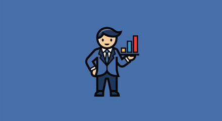 A smiling man in a suit holds a tray with colorful bar graph on a blue background