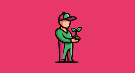 A person in a green outfit and cap holds a young plant with a pink background