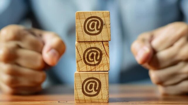 A hand skillfully assembles a tower of wooden blocks with an email logo on each.
