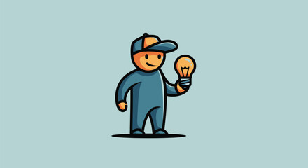 Stylized figure holds a lit lightbulb, wearing a cap, on a teal background