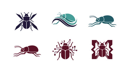 Six insect silhouette designs in various poses and styles against white background