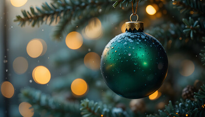 green christmas ball on tree. holiday background