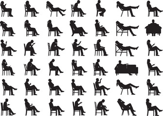 Large vector set of diverse male and female silhouettes sitting and relaxing in chairs, reading books, and using devices, representing leisure, audience, and quiet study poses.