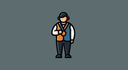 An illustrated person wearing a blue and orange vest, white sleeves, black pants. Gray bg