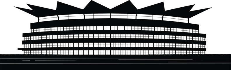 Modern stadium silhouette, circular arena architecture, futuristic sports venue exterior, bold geometric roof structure, contemporary athletic building illustration, black and white design graphic © Akhi's orld