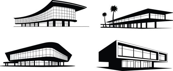 Modern commercial building silhouettes, contemporary architectural design icons, minimalist office structure illustrations, creative real estate 