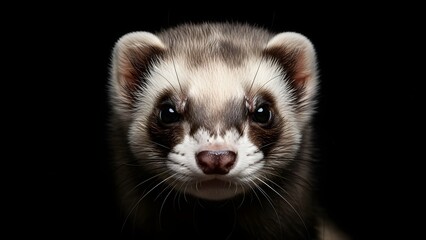 A close-up portrait of a ferret with dark fur and a white mask around its eyes and nose.