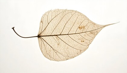 A delicate leaf skeleton with intricate veins against a bright, plain white background