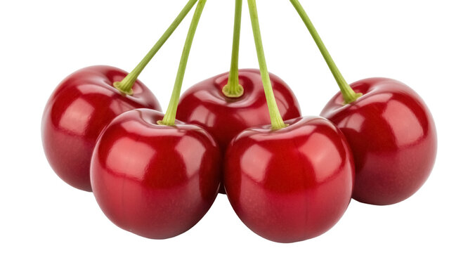 Ripe red cherries PNG isolated on transparent background, fresh fruit with green stems for healthy eating and summer designs - Powered by Adobe