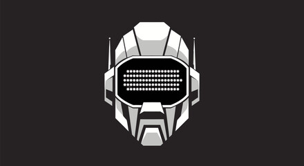 Geometric robot head in grayscale, featuring a dot-matrix screen, set against a dark background