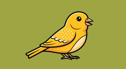 A cartoon yellow bird, with a black outline, on a green background. It has white spots