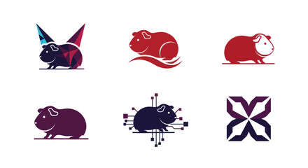 Six stylized illustrations of guinea pigs in various designs and colors