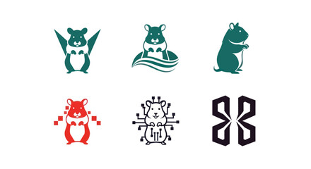Collection of stylized hamster logos in various colors and designs on a white background