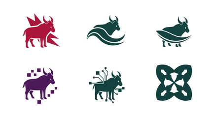 Six stylized animal logos in shades of red, green, and purple on white background