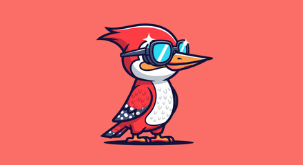 Cartoon red bird wearing sunglasses, standing on a coral background