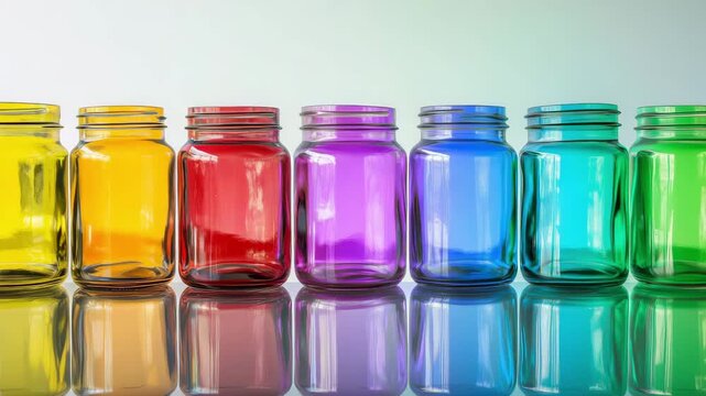 Colorful jars sit in a line on a shiny surface catching light in a home setting during the day