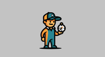 A cartoon man, wearing a cap and overalls, holds a compass against a gray background