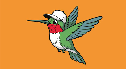 Obraz premium Cartoon hummingbird wearing a white cap against an orange background