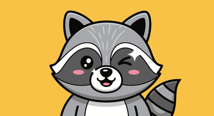 Cartoon raccoon winking, against a gold background. Features a striped tail, and heart-shaped blush