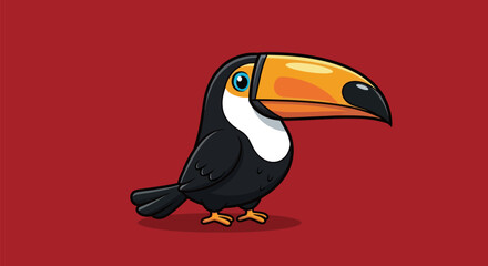 Fototapeta premium Cartoon toucan with a large, orange and black beak, resting on a red background