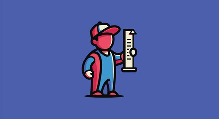 Stylized figure in workwear holding a measuring device on a blue background